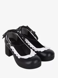Chaussures Sweet Lolita avec n艙ud noir et bout rond en cuir PU