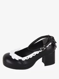 Chaussures Sweet Lolita avec n艙ud noir et bout rond en cuir PU