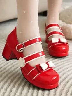 Chaussures Sweet Lolita avec n艙uds noirs et talons épais en cuir PU