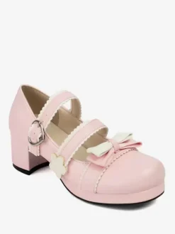 Chaussures Sweet Lolita avec n艙uds noirs et talons épais en cuir PU