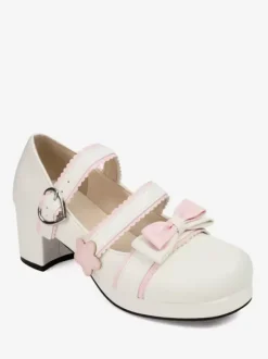 Chaussures Sweet Lolita avec n艙uds noirs et talons épais en cuir PU