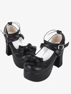 Chaussures Sweet Lolita avec n艙ud noir et bout rond en cuir PU
