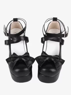 Chaussures Sweet Lolita avec n艙ud noir et bout rond en cuir PU