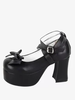 Chaussures Sweet Lolita avec n艙ud noir et bout rond en cuir PU