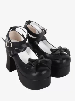 Chaussures Sweet Lolita avec n艙ud noir et bout rond en cuir PU