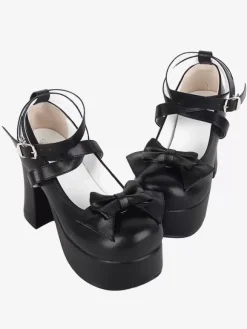Chaussures Sweet Lolita avec n艙ud noir et bout rond en cuir PU