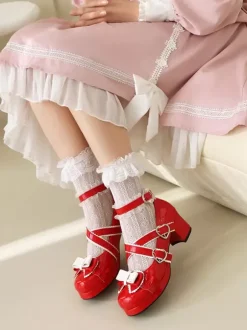 Chaussures Sweet Lolita avec n艙uds noirs et volants escarpins Lolita en cuir PU à talons épais