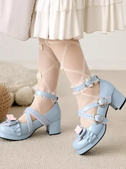 Chaussures Sweet Lolita avec n艙uds noirs et volants escarpins Lolita en cuir PU à talons épais