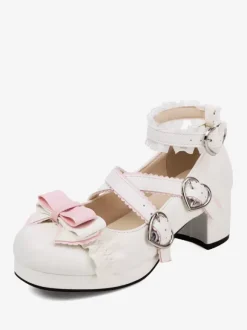 Chaussures Sweet Lolita avec n艙uds noirs et volants escarpins Lolita en cuir PU à talons épais