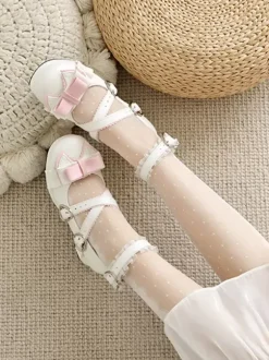 Chaussures Sweet Lolita avec n艙uds noirs et volants escarpins Lolita en cuir PU à talons épais