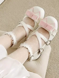 Chaussures Sweet Lolita avec n艙uds noirs et volants escarpins Lolita en cuir PU à talons épais