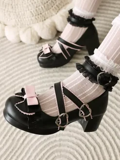 Chaussures Sweet Lolita avec n艙uds noirs et volants escarpins Lolita en cuir PU à talons épais