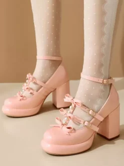 Chaussures Sweet Lolita Escarpins Lolita en cuir PU à bout rond et n艙uds blancs