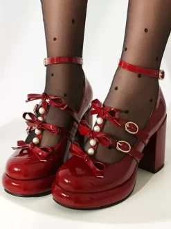 Chaussures Sweet Lolita Escarpins Lolita en cuir PU à bout rond et n艙uds blancs