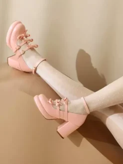 Chaussures Sweet Lolita Escarpins Lolita en cuir PU à bout rond et n艙uds blancs