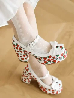 Chaussures Sweet Lolita Escarpins Lolita à talons épais en cuir PU avec n艙uds blancs et appliques