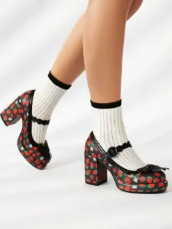 Chaussures Sweet Lolita Escarpins Lolita à talons épais en cuir PU avec n艙uds blancs et appliques