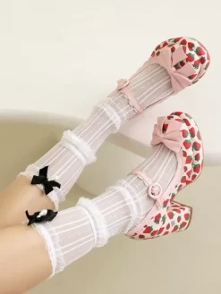 Chaussures Sweet Lolita Escarpins Lolita à talons épais en cuir PU avec n艙uds blancs et appliques