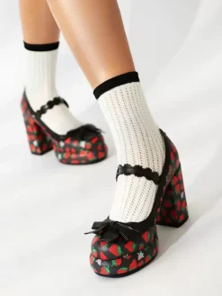 Chaussures Sweet Lolita Escarpins Lolita à talons épais en cuir PU avec n艙uds blancs et appliques