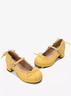 Chaussures Sweet Lolita Mary Jane à n艙uds jaunes en cuir PU et talon compensé