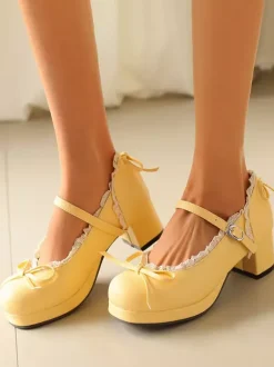 Chaussures Sweet Lolita Mary Jane à n艙uds jaunes en cuir PU et talon compensé
