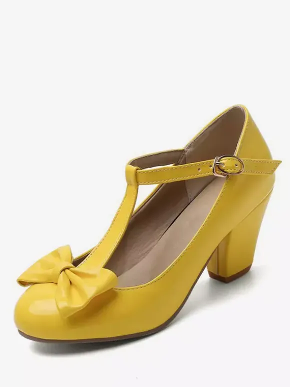 Chaussures Vintage blanches  escarpins à talons épais avec n艙ud en T et bout rond