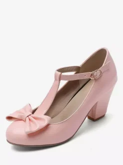 Chaussures Vintage blanches  escarpins à talons épais avec n艙ud en T et bout rond