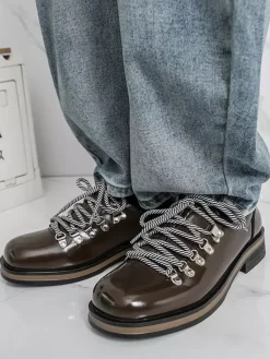 Chaussures décontractées marron pour hommes bout rond à lacets
