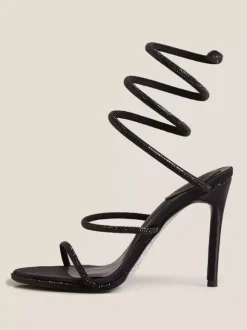 Chaussures de bal à talons hauts noires à bout ouvert et strass sandales à brides