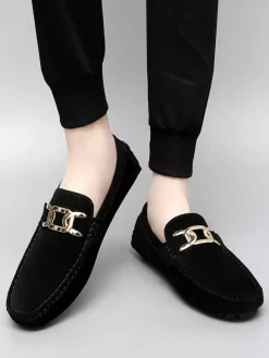 Chaussures de conduite pour hommes bout rond détails métalliques chaussures décontractées à enfiler