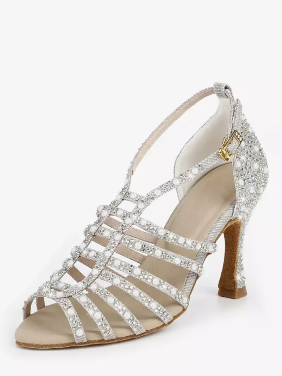 Chaussures de danse de salon en satin ornées de perles à bout ouvert et à talons hauts pour danse latine