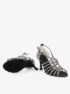 Chaussures de danse de salon en satin ornées de perles à bout ouvert et à talons hauts pour danse latine