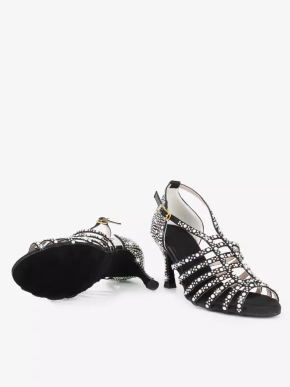 Chaussures de danse de salon en satin ornées de perles à bout ouvert et à talons hauts pour danse latine