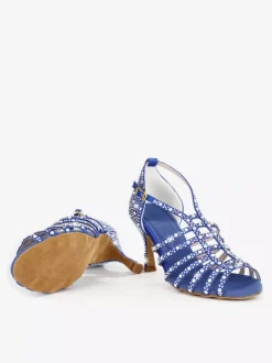 Chaussures de danse de salon en satin ornées de perles à bout ouvert et à talons hauts pour danse latine