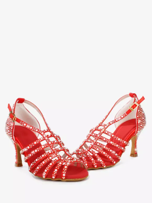 Chaussures de danse de salon en satin ornées de perles à bout ouvert et à talons hauts pour danse latine