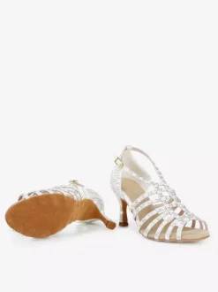 Chaussures de danse de salon en satin ornées de perles à bout ouvert et à talons hauts pour danse latine