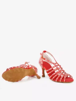 Chaussures de danse de salon en satin ornées de perles à bout ouvert et à talons hauts pour danse latine