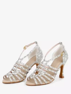 Chaussures de danse de salon en satin ornées de perles à bout ouvert et à talons hauts pour danse latine