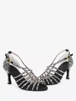 Chaussures de danse de salon en satin ornées de perles à bout ouvert et à talons hauts pour danse latine