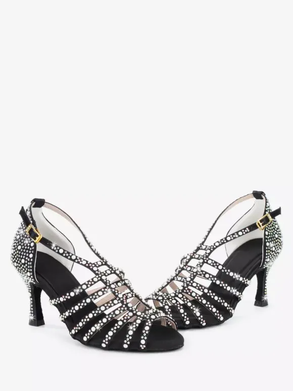 Chaussures de danse de salon en satin ornées de perles à bout ouvert et à talons hauts pour danse latine