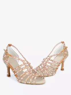 Chaussures de danse de salon en satin ornées de perles à bout ouvert et à talons hauts pour danse latine