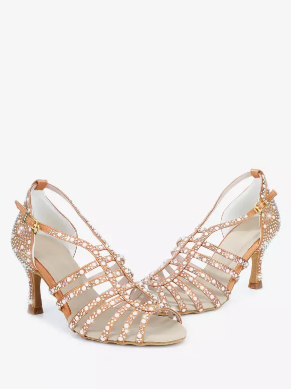 Chaussures de danse de salon en satin ornées de perles à bout ouvert et à talons hauts pour danse latine