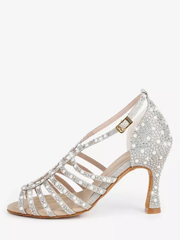 Chaussures de danse de salon en satin ornées de perles à bout ouvert et à talons hauts pour danse latine