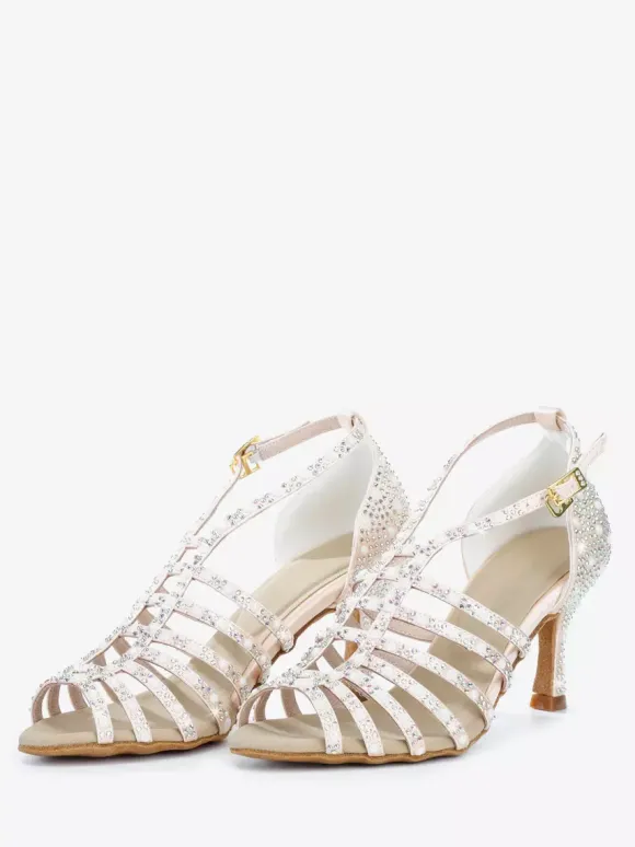 Chaussures de danse de salon en satin ornées de perles à bout ouvert et à talons hauts pour danse latine