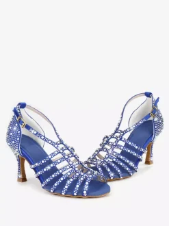 Chaussures de danse de salon en satin ornées de perles à bout ouvert et à talons hauts pour danse latine