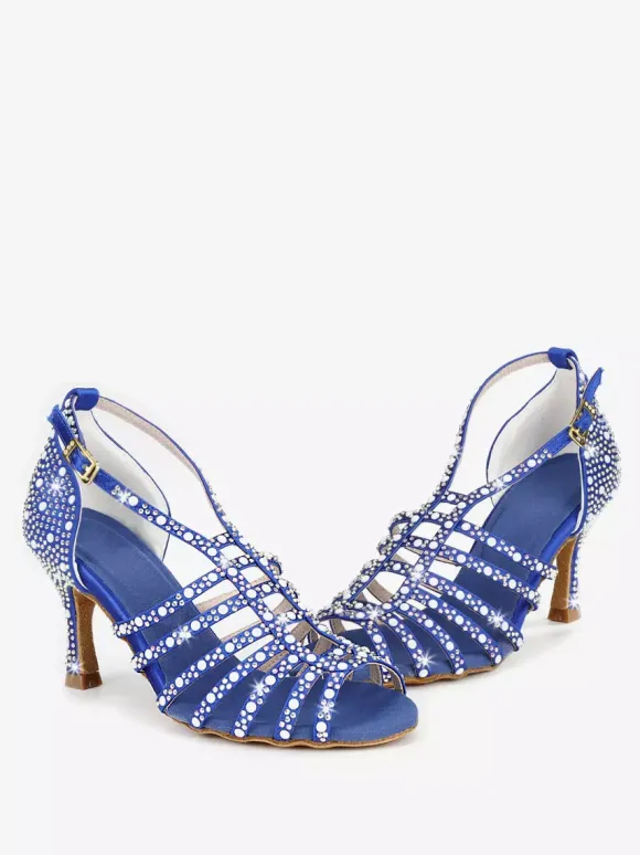 Chaussures de danse de salon en satin ornées de perles à bout ouvert et à talons hauts pour danse latine