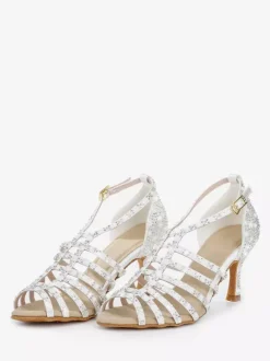 Chaussures de danse de salon en satin ornées de perles à bout ouvert et à talons hauts pour danse latine