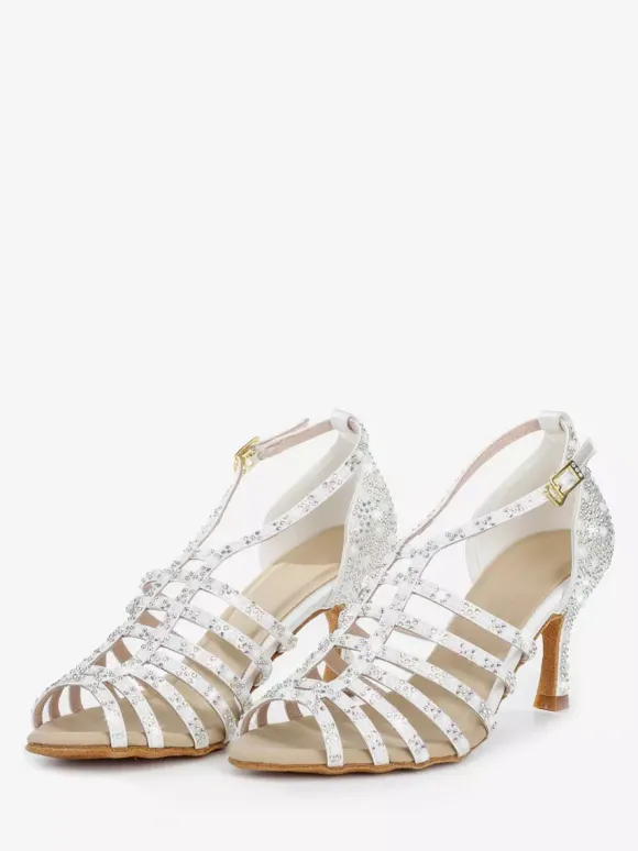 Chaussures de danse de salon en satin ornées de perles à bout ouvert et à talons hauts pour danse latine
