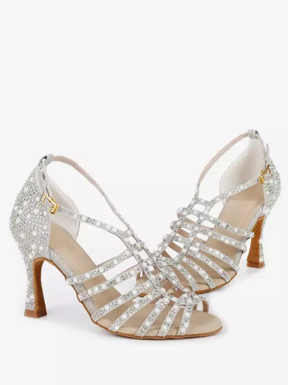Chaussures de danse de salon en satin ornées de perles à bout ouvert et à talons hauts pour danse latine