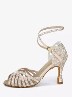 Chaussures de danse de salon en satin pour femmes bout ouvert strass croisées chaussures de danse latine